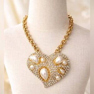 Scaasi Pearl & Crystal Heart Pendant Necklace